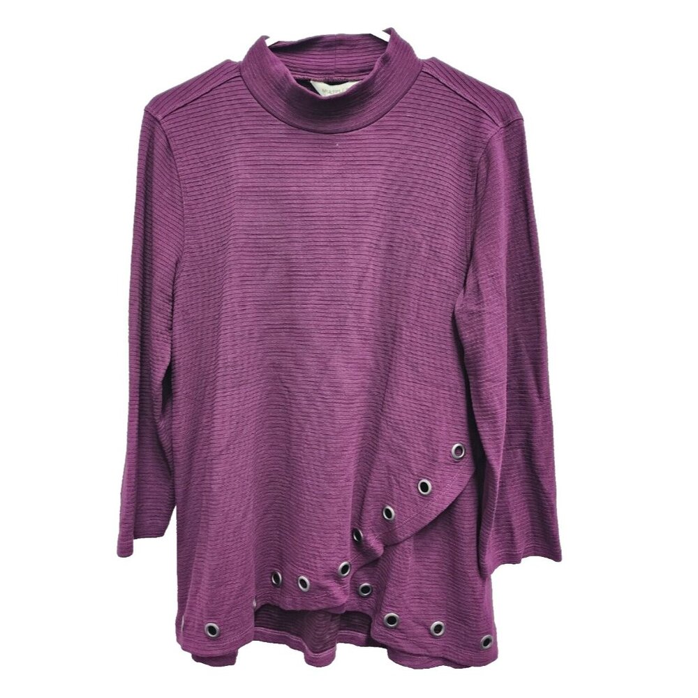 Multiples Tunic Top Womens Medium Artsy Purple Mock Neck Crossover Hem Casual